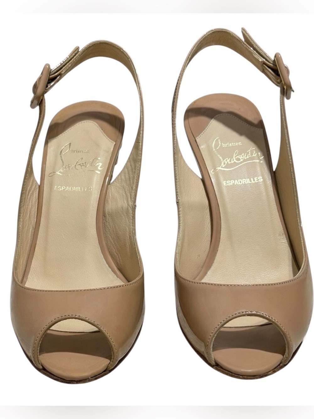 Christian Louboutin beige patent leather espadrille wedge sandals, size 35.